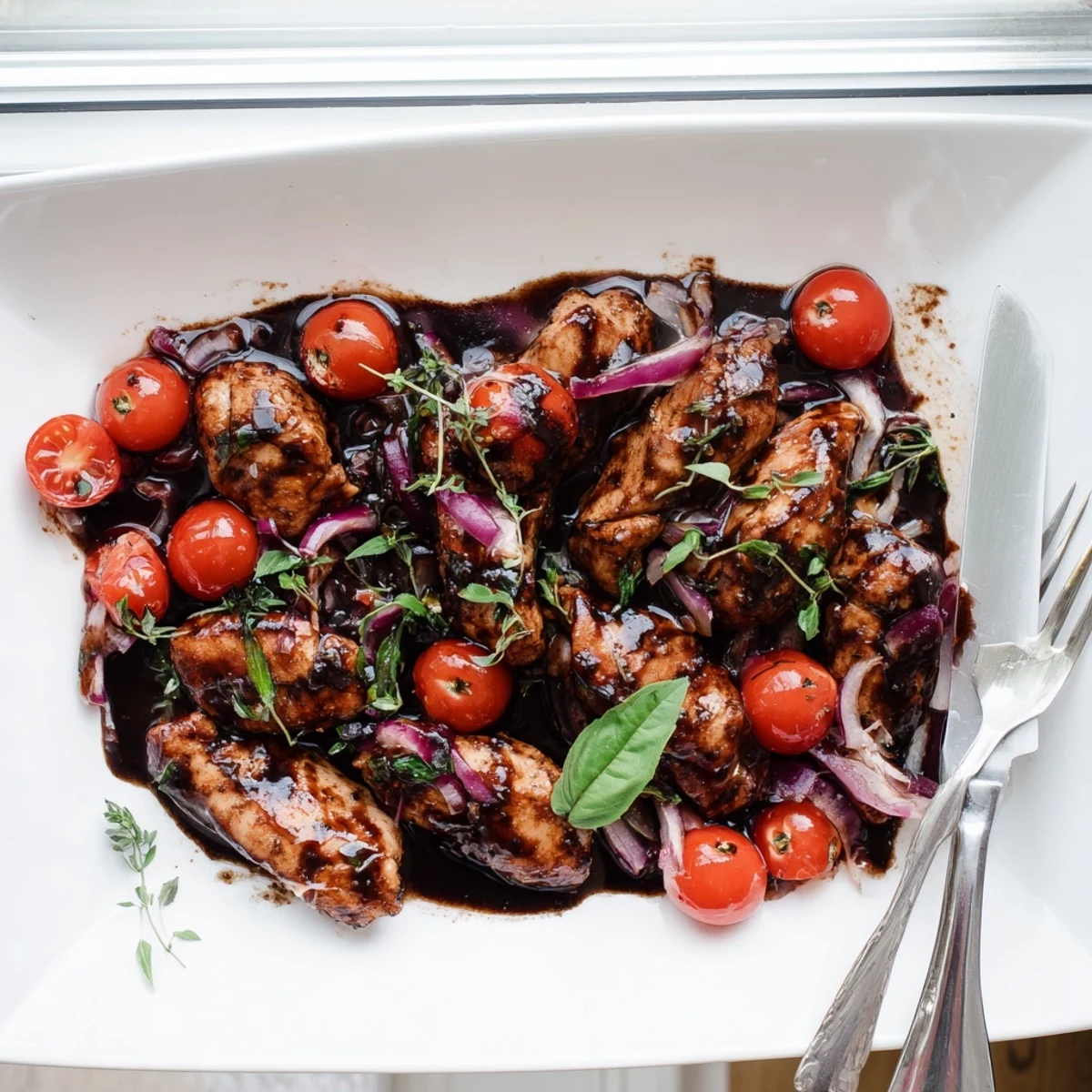 Golden seared One Pan Juicy Chicken With Balsamic Sauce with garlic, cherry tomatoes, and fresh basil.