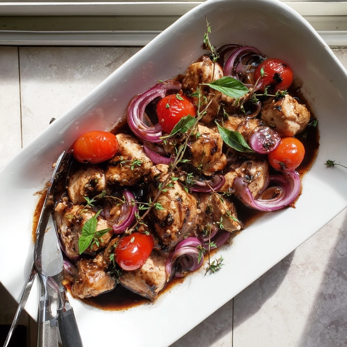 Tender One Pan Juicy Chicken With Balsamic Sauce topped with fresh thyme and pan sauce in a skillet.