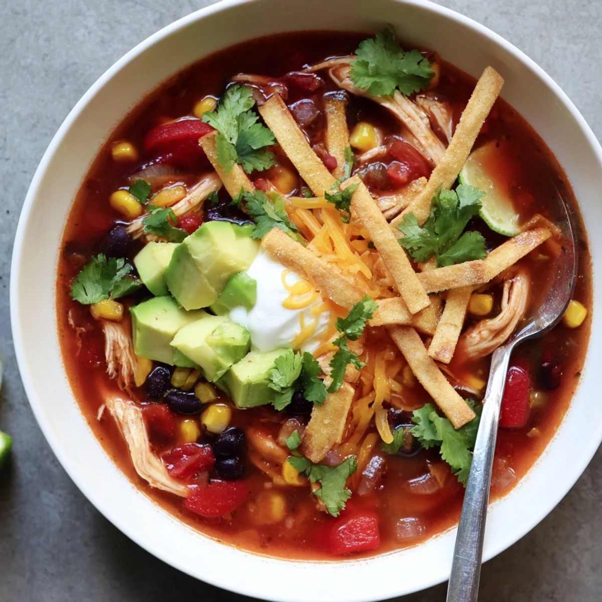Golden bowl of Classic Chicken Tortilla Soup topped with crispy tortilla strips and creamy avocado garnish