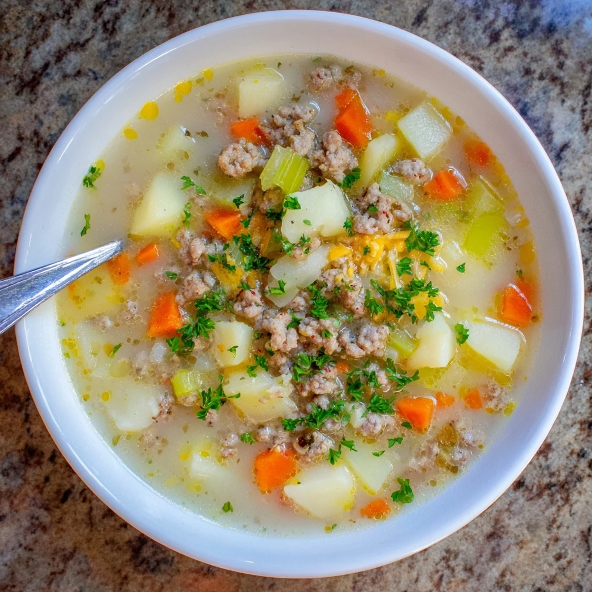 Steaming bowl of pork sausage potato soup with diced carrots, celery, and creamy white broth