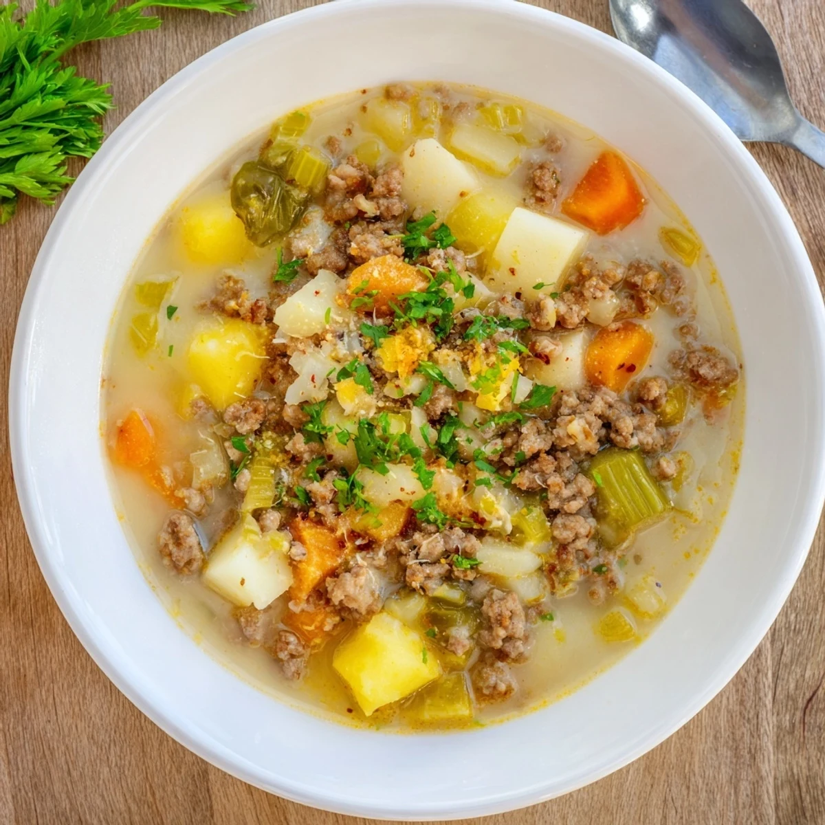 Creamy pork sausage potato soup topped with melted cheddar and fresh parsley in a rustic bowl