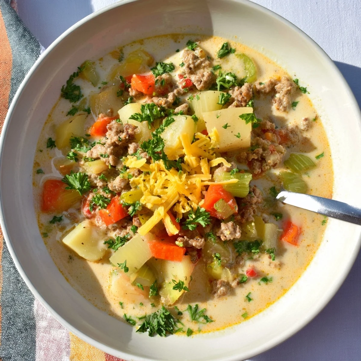 Hearty bowl of simple pork sausage potato soup with tender vegetables and savory broth