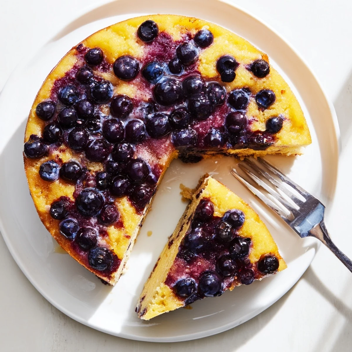 Golden blueberry upside down cake with caramelized fruit topping on a white plate