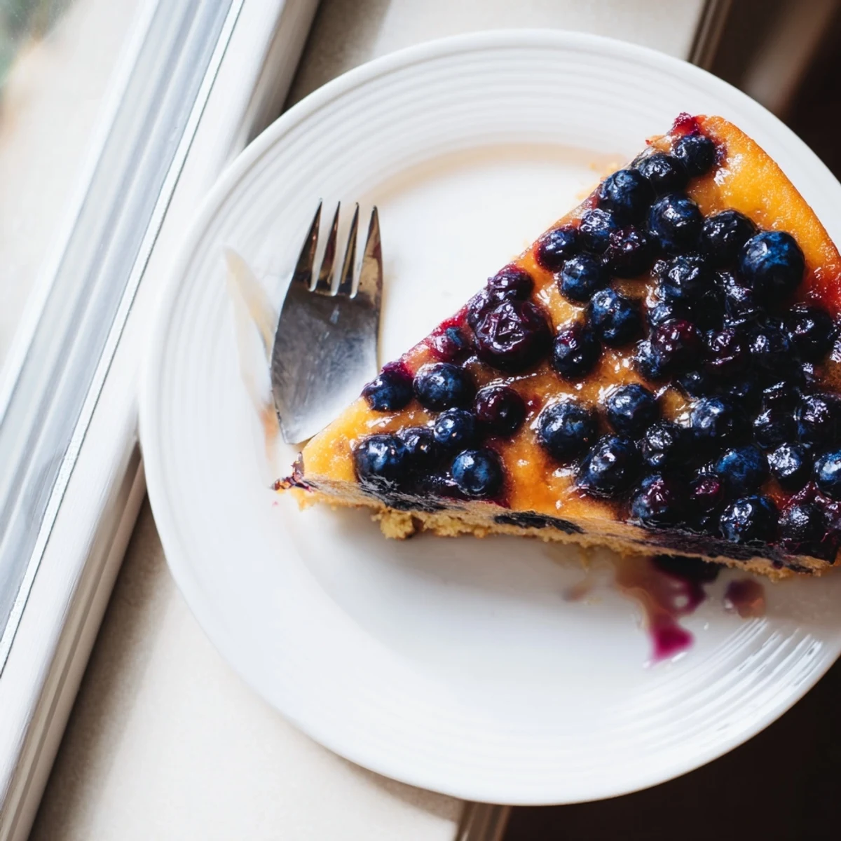 Moist blueberry upside down cake served warm with whipped cream on a rustic wooden board