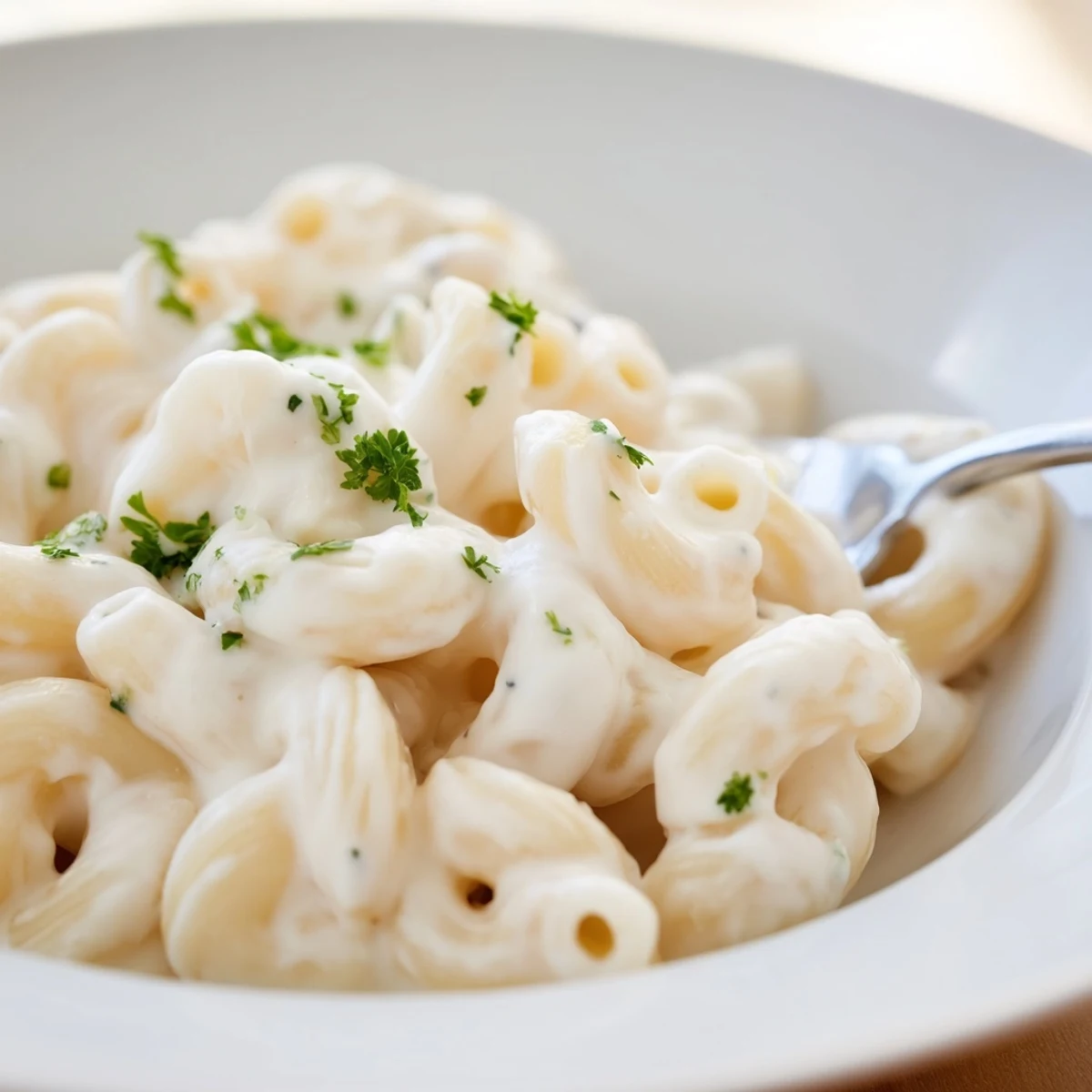 Creamy Boursin mac and cheese topped with golden crispy breadcrumbs in a white baking dish