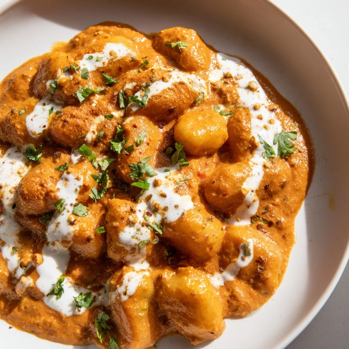 Creamy tikka masala gnocchi featuring tender potato pillows coated in spiced orange-red sauce with fresh cilantro garnish