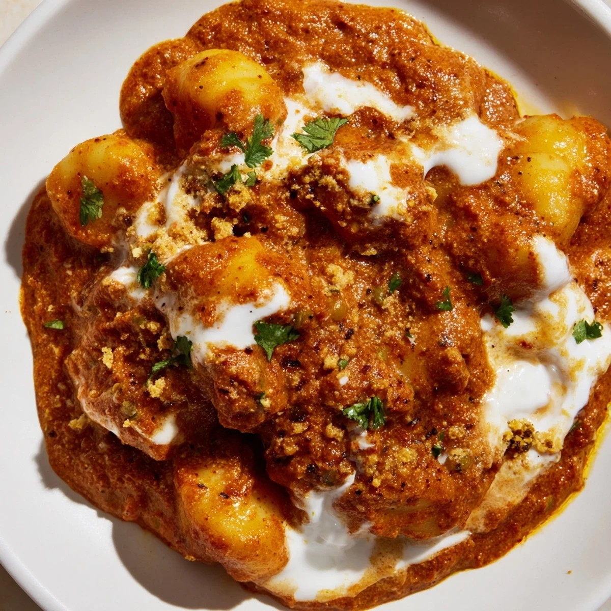 Golden potato gnocchi swimming in rich aromatic tikka masala sauce finished with a drizzle of cream