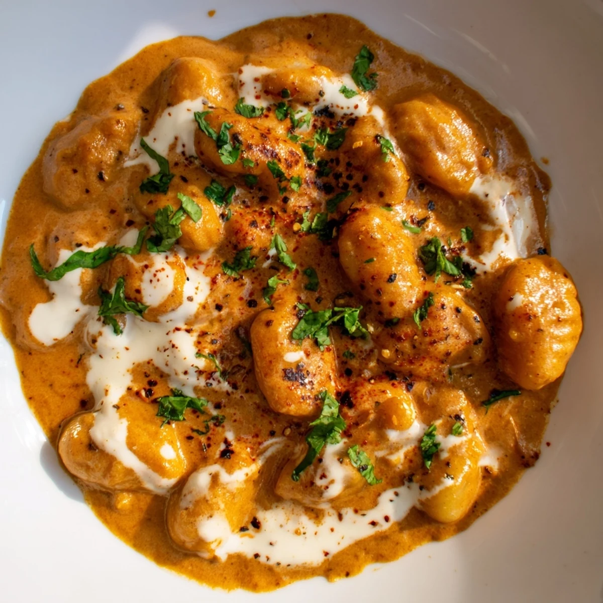 Tikka masala gnocchi plated in a vibrant spiced tomato curry sauce topped with bright green cilantro