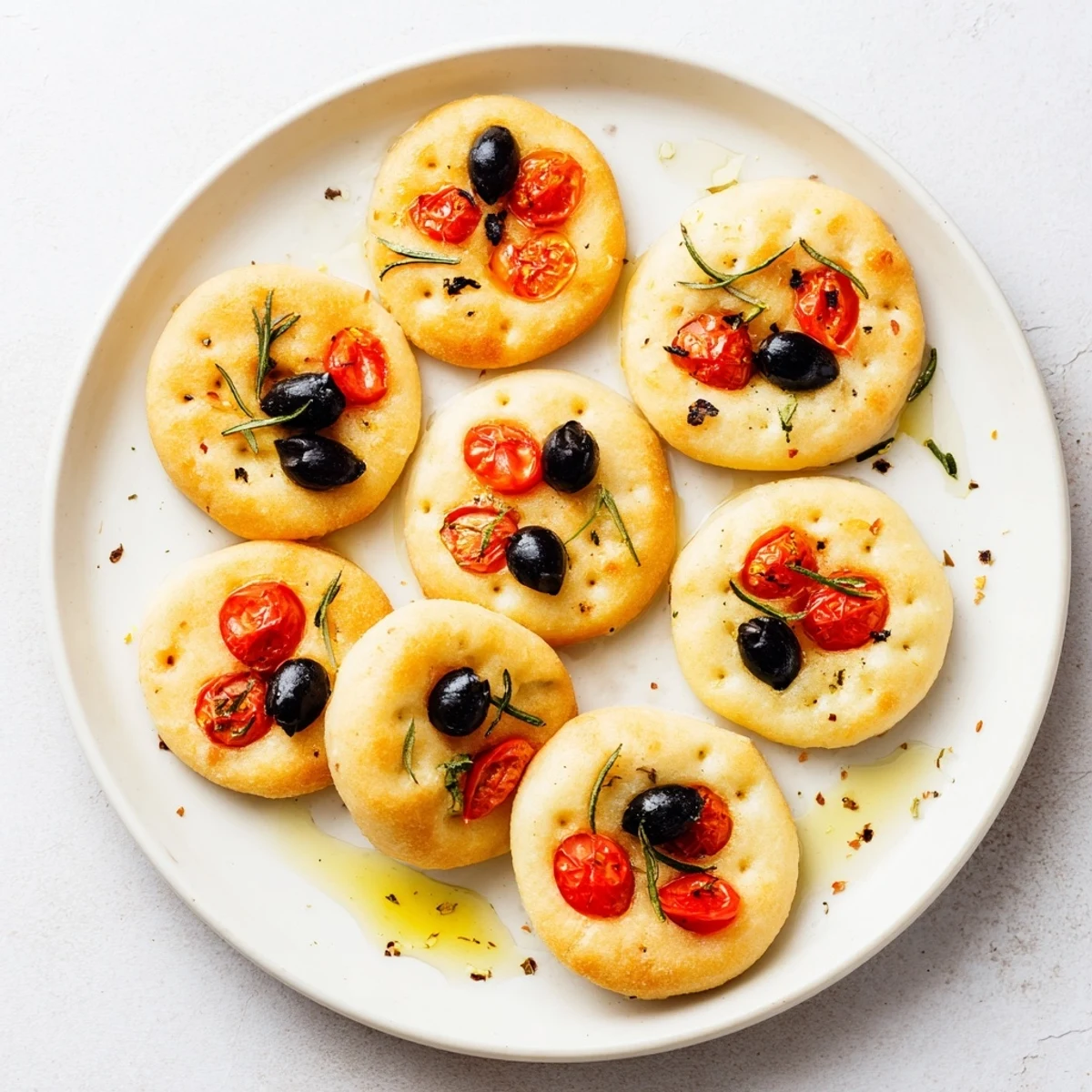 Golden mini focaccia bread topped with rosemary and sea salt on a wooden board