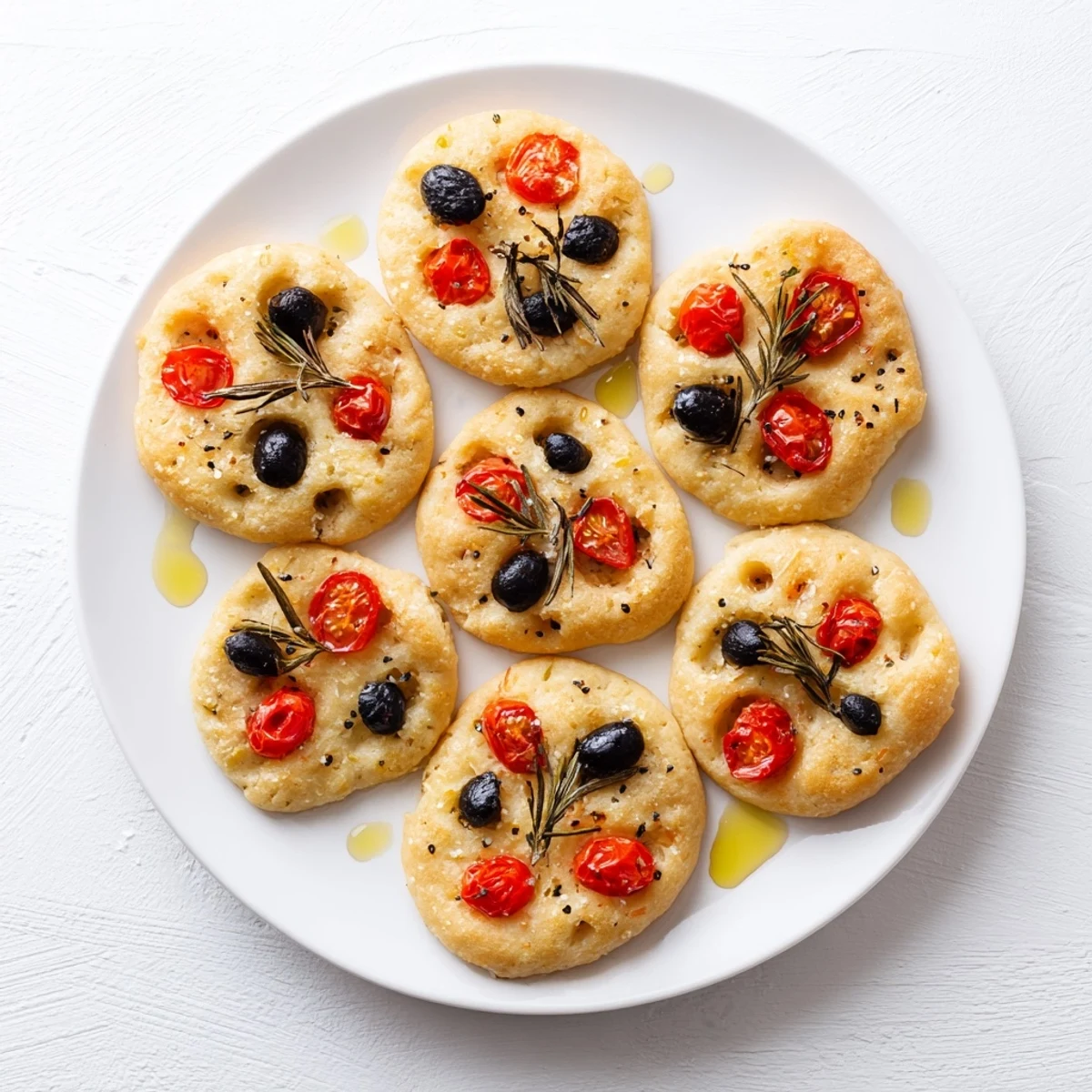 Crispy individual focaccias with cherry tomato halves baked until golden brown