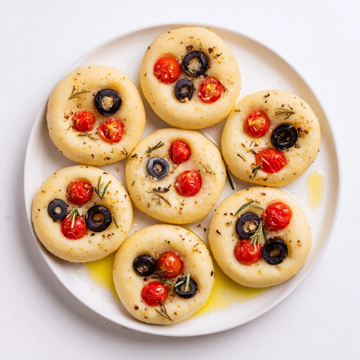 Freshly baked mini focaccia with dimpled surface and aromatic rosemary sprinkles