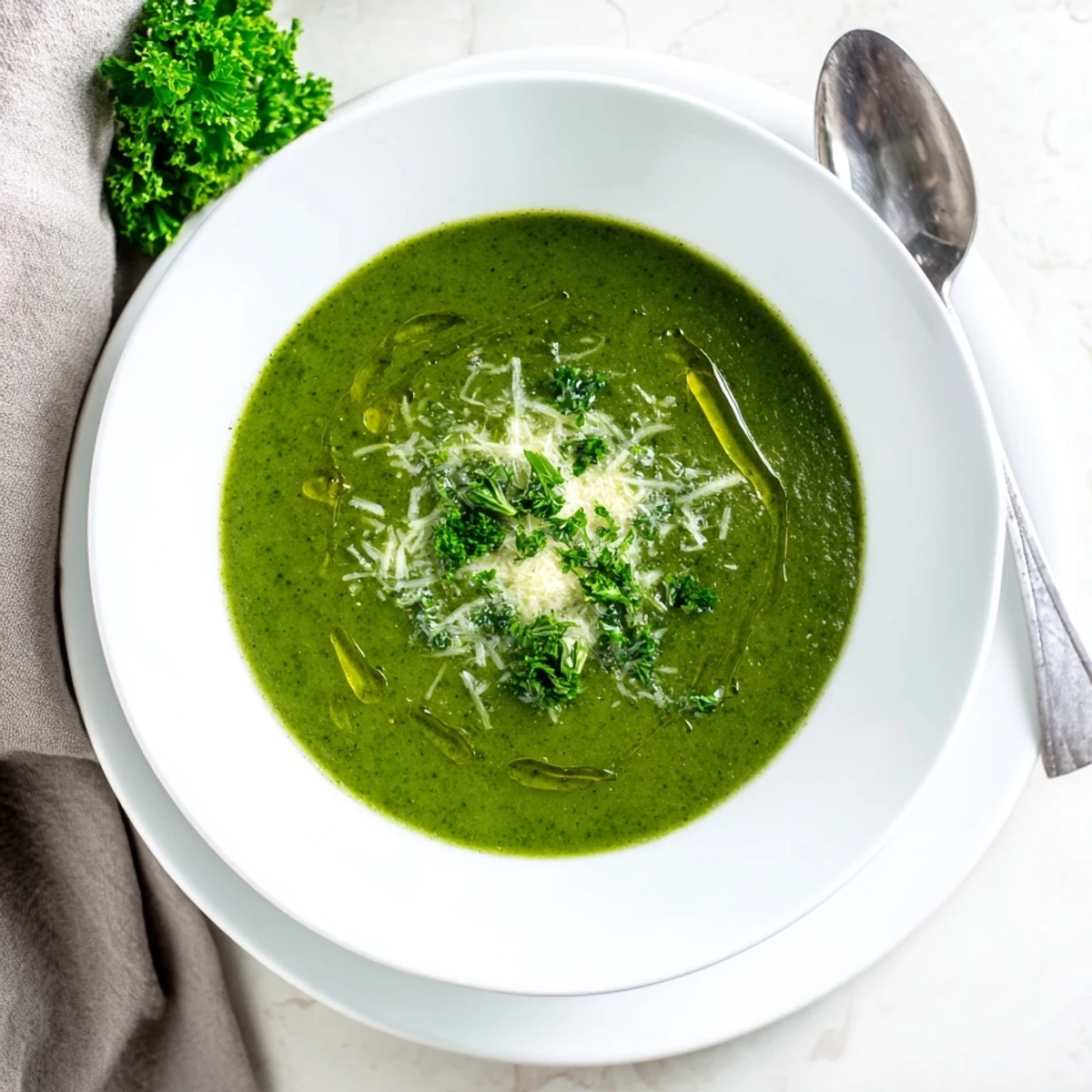 Steaming bowl of homemade Italian broccoli soup topped with extra Parmesan and chopped parsley