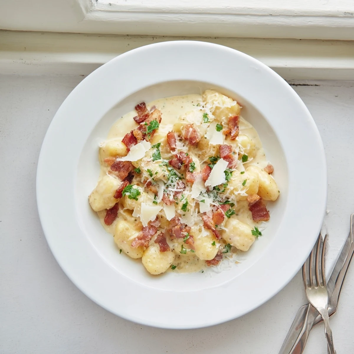 Golden brown gnocchi coated in silky carbonara sauce with crispy bacon bits and freshly grated Parmesan cheese