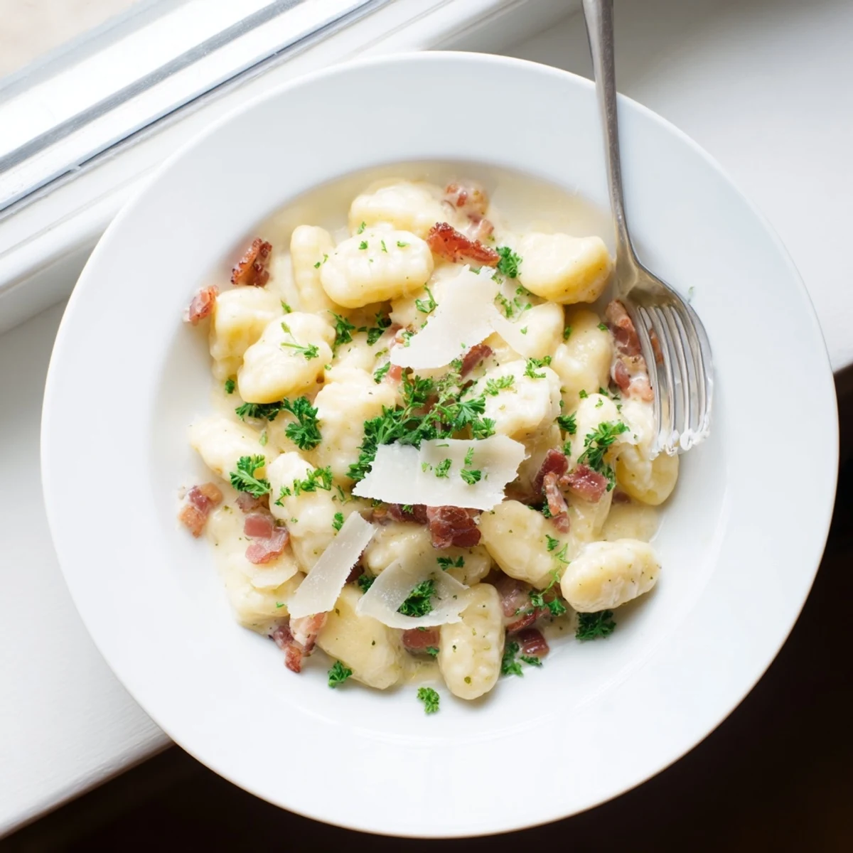 Steaming bowl of potato gnocchi tossed in rich egg Parmesan sauce with crunchy bacon and fresh parsley garnish