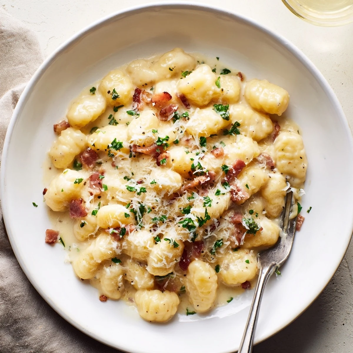 Creamy Italian gnocchi carbonara topped with golden bacon shavings and snowfall of Parmesan on a white plate