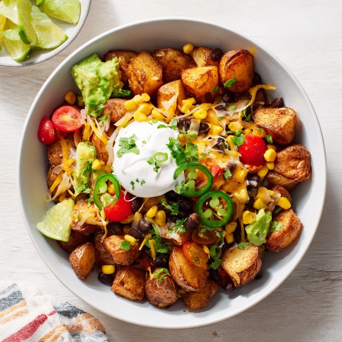 Golden crispy Loaded Fiesta Potato Bowls topped with melty cheese and fresh colorful Tex-Mex ingredients