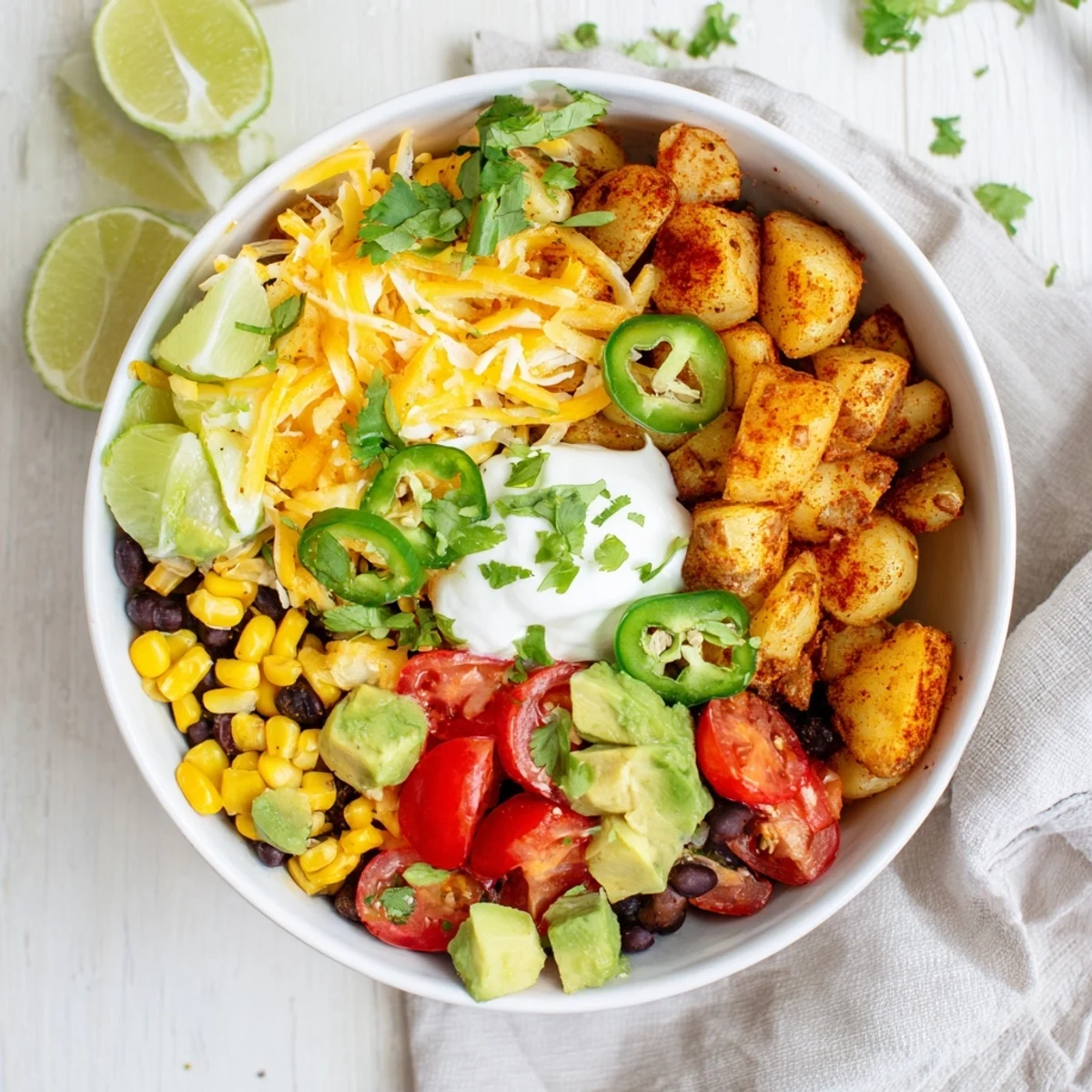 Savory Loaded Fiesta Potato Bowls featuring roasted potatoes zesty spices and a delicious medley of toppings