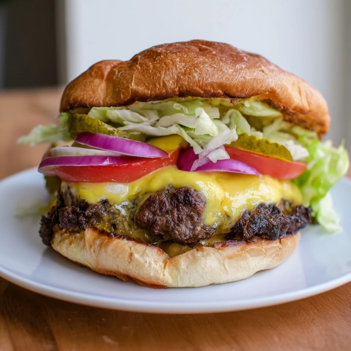 Classic American smash burger featuring crispy edges, melted cheese, and fresh vegetable toppings
