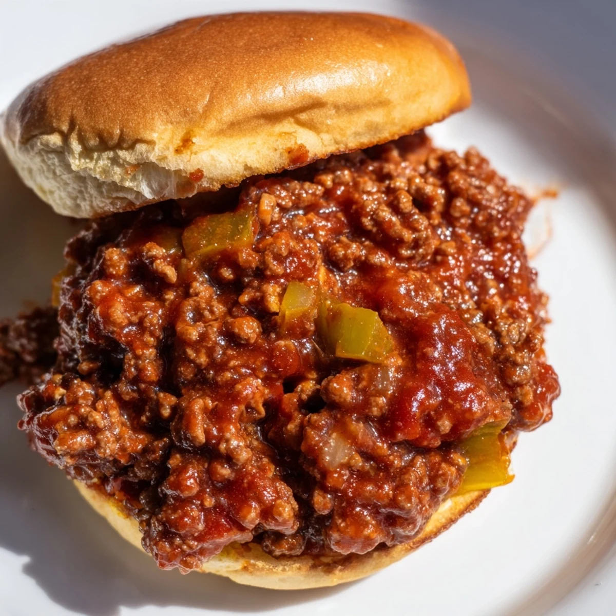 Heaping ground beef Sloppy Joes dripping with tangy sauce on soft hamburger buns