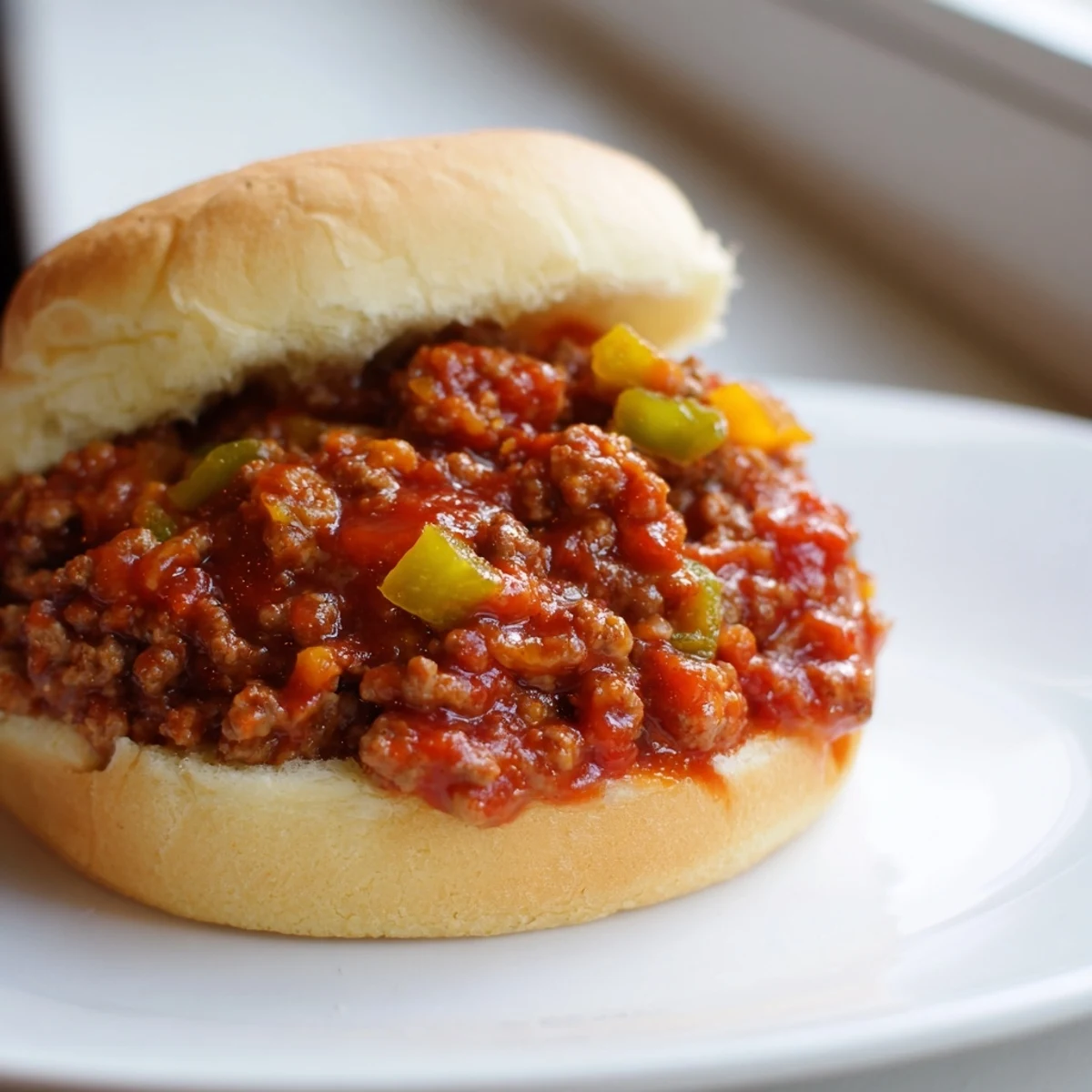 Golden Sloppy Joes sandwich with rich tomato beef mixture piled on toasted bun