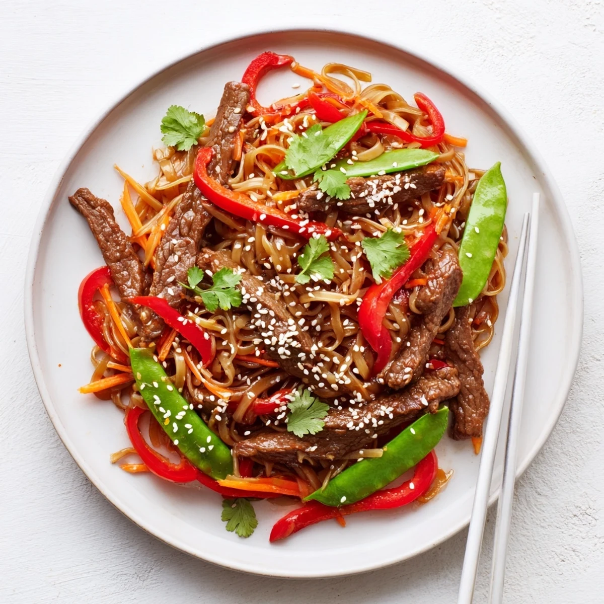 Glossy sticky beef noodles tossed with crisp vegetables in a rich sweet-savory sauce