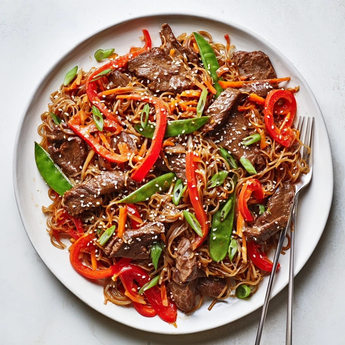 Tender beef strips coated in caramelized glaze over chewy noodles with colorful veggies