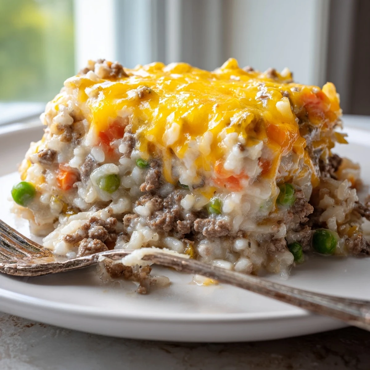 Golden cheesy ground beef and rice casserole with melted cheddar topping and mixed vegetables in a baking dish