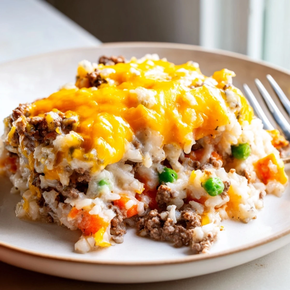 Comforting cheesy ground beef and rice casserole served warm with bubbling cheese on top