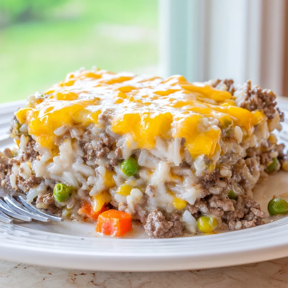 Baked cheesy ground beef and rice casserole featuring seasoned beef fluffy rice and golden brown melted cheese