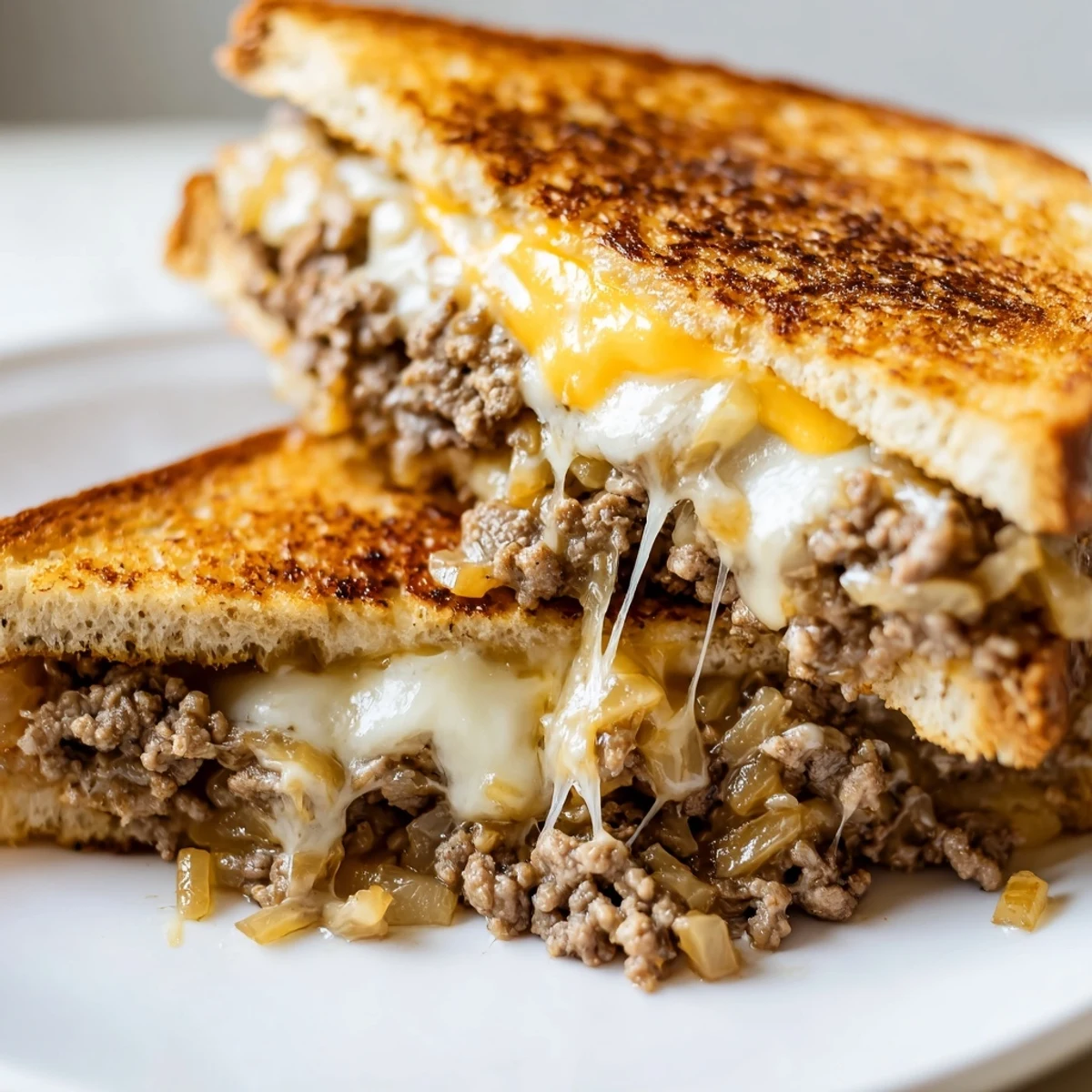 Golden toasted cheesy ground beef melt sandwich with seasoned meat and melted cheese oozing from thick-cut bread