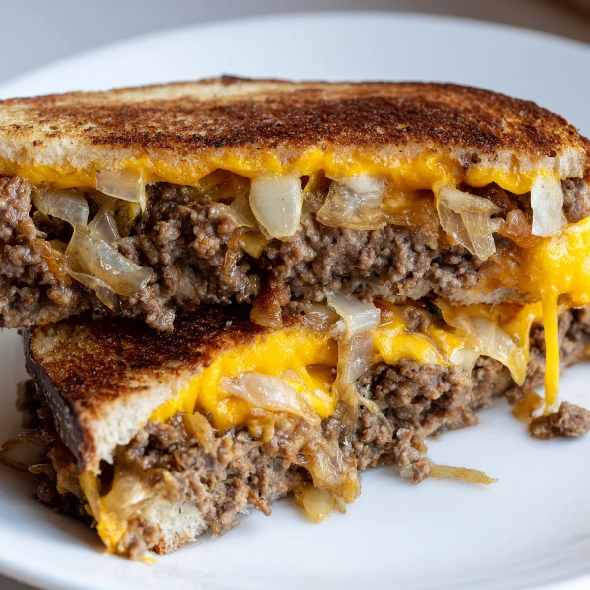 Sliced open cheesy ground beef melt revealing layers of seasoned ground beef, sautéed onions, and gooey melted cheese blend