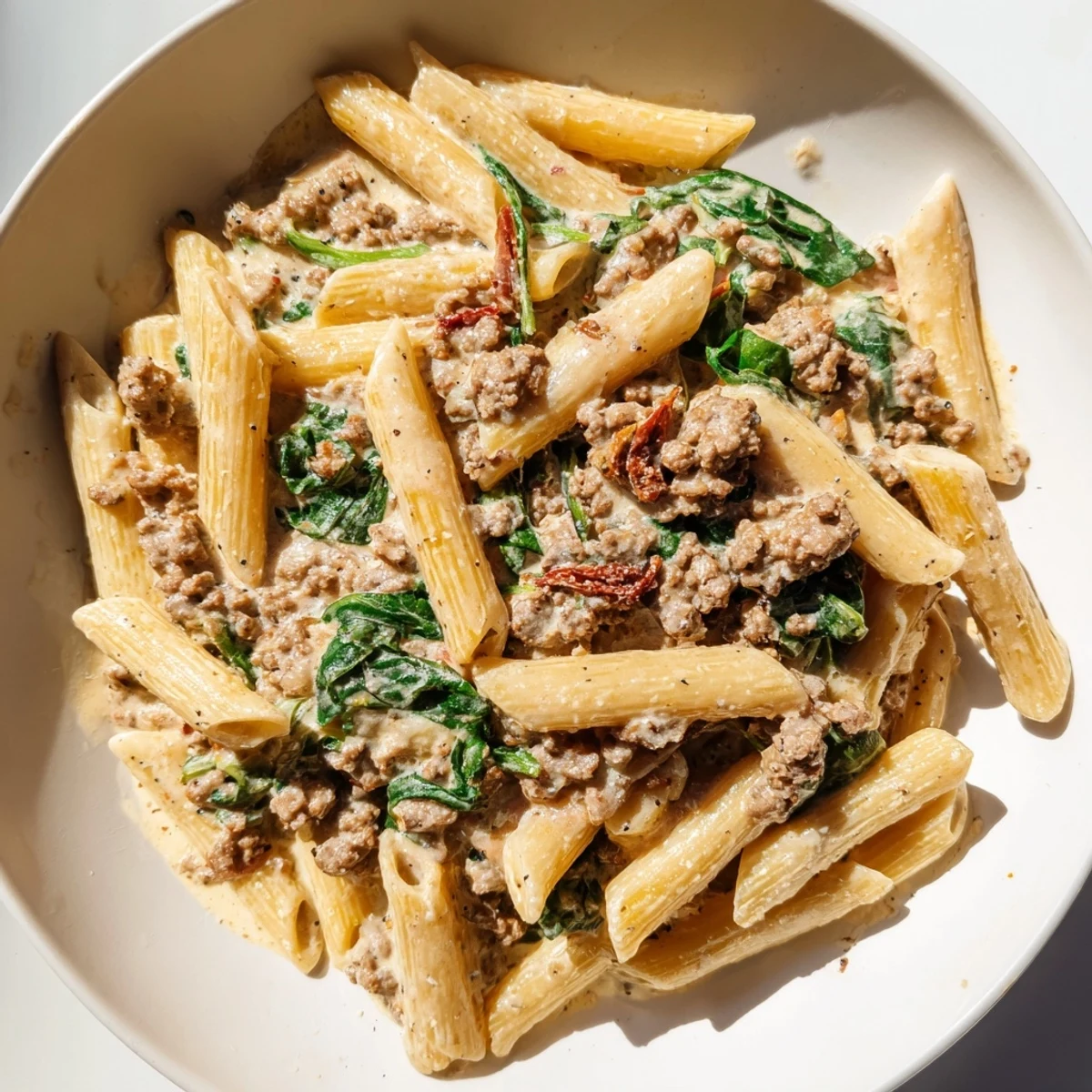 Creamy Marry Me ground beef pasta with sun-dried tomatoes, parmesan, and fresh baby spinach garnish