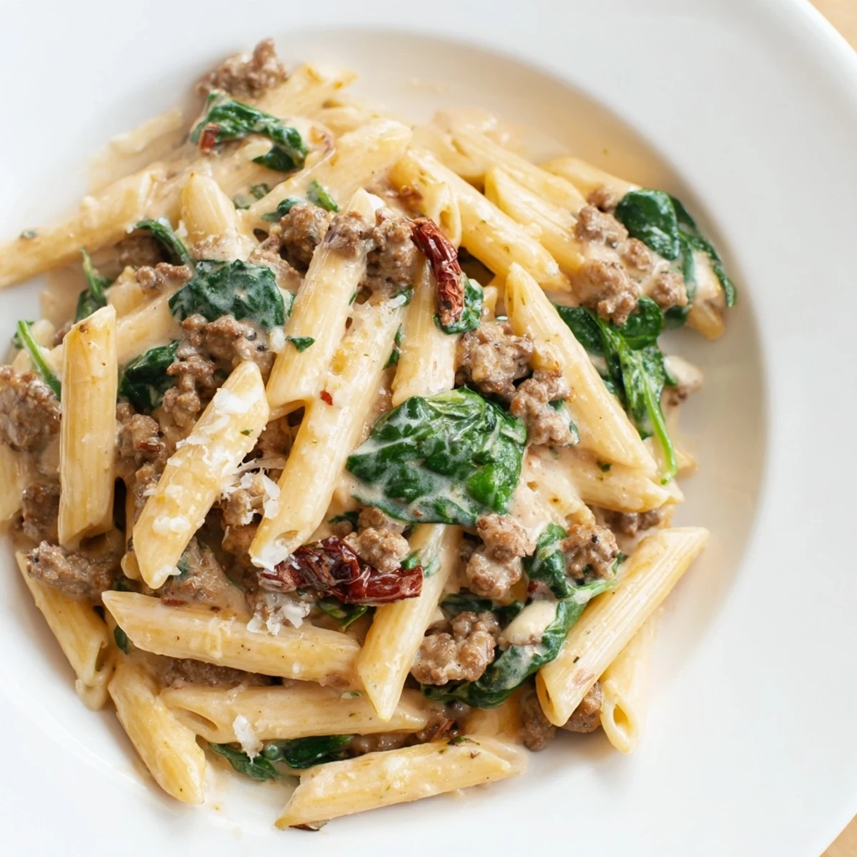 Steaming plate of Marry Me ground beef pasta coated in rich white sauce with red pepper flakes