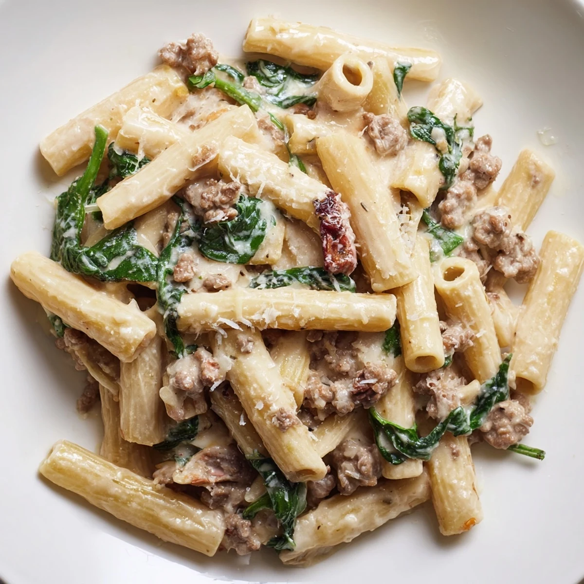 Rigatoni pasta tossed with seasoned ground beef in a luscious creamy parmesan sauce with basil