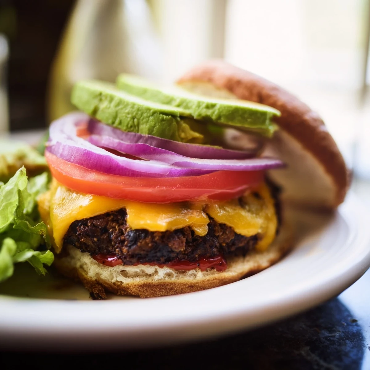 Golden Epic Black Bean Burger stacked with melted cheese, avocado, and crisp lettuce on a toasted bun