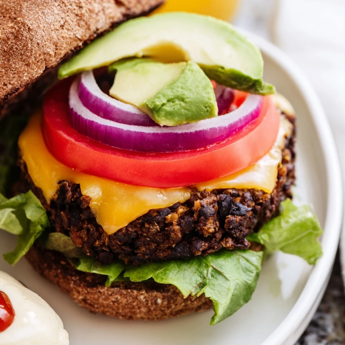 Hearty Epic Black Bean Burger patty grilled to perfection topped with fresh tomato slices and red onion