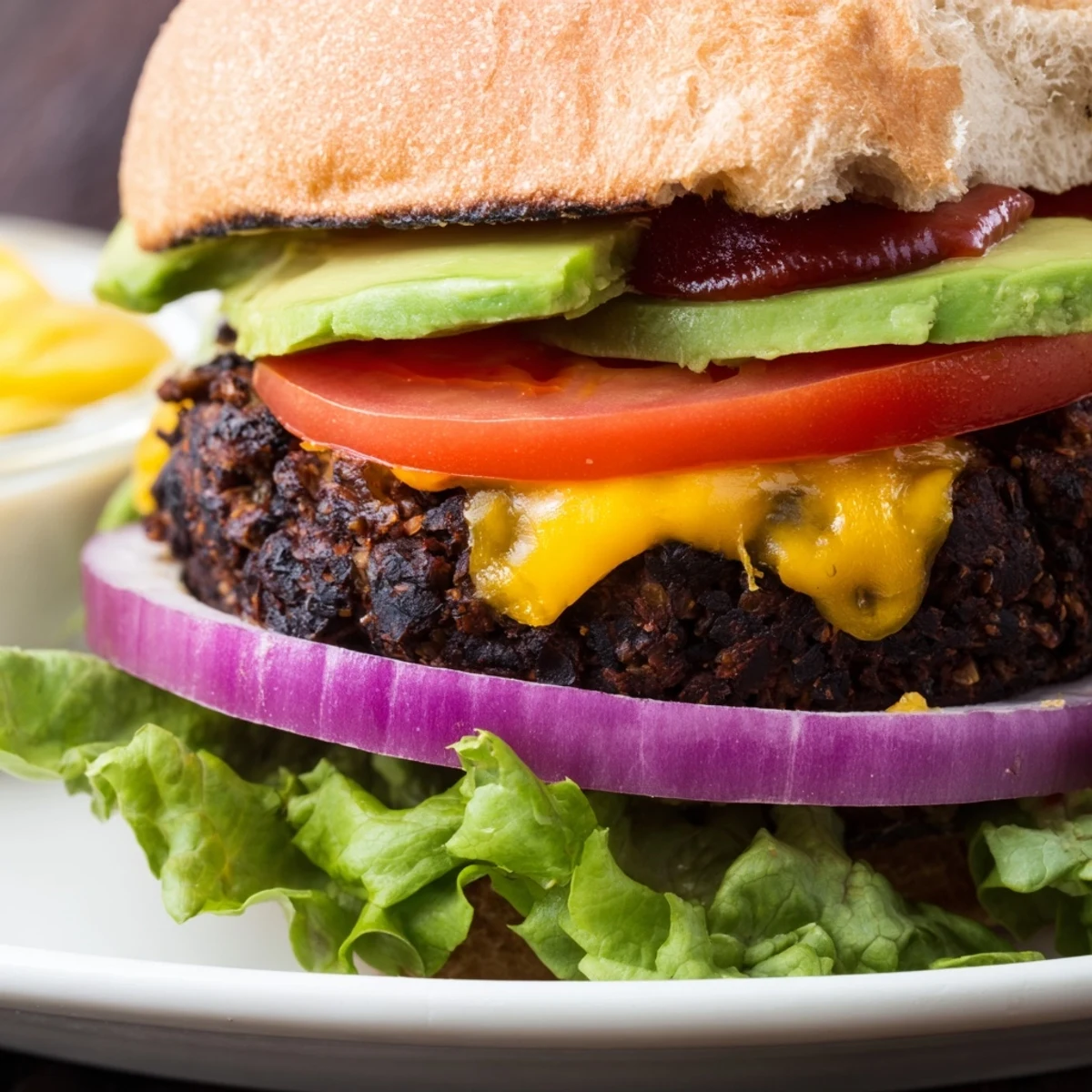 Savory Epic Black Bean Burger served on a sesame seed bun with creamy mayo and ripe avocado