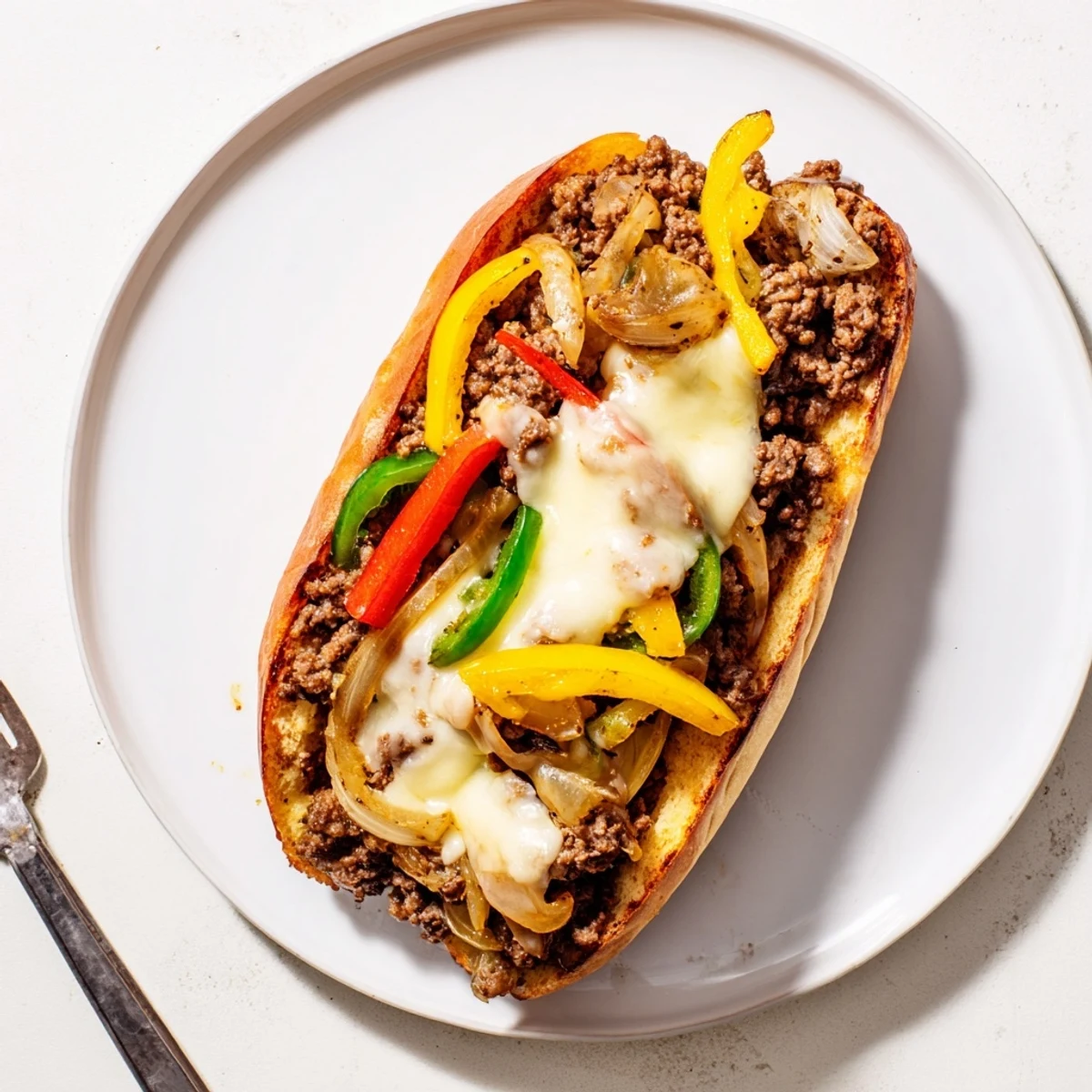 Golden ground beef Philly cheesesteaks overflowing with melted provolone on toasted hoagie rolls