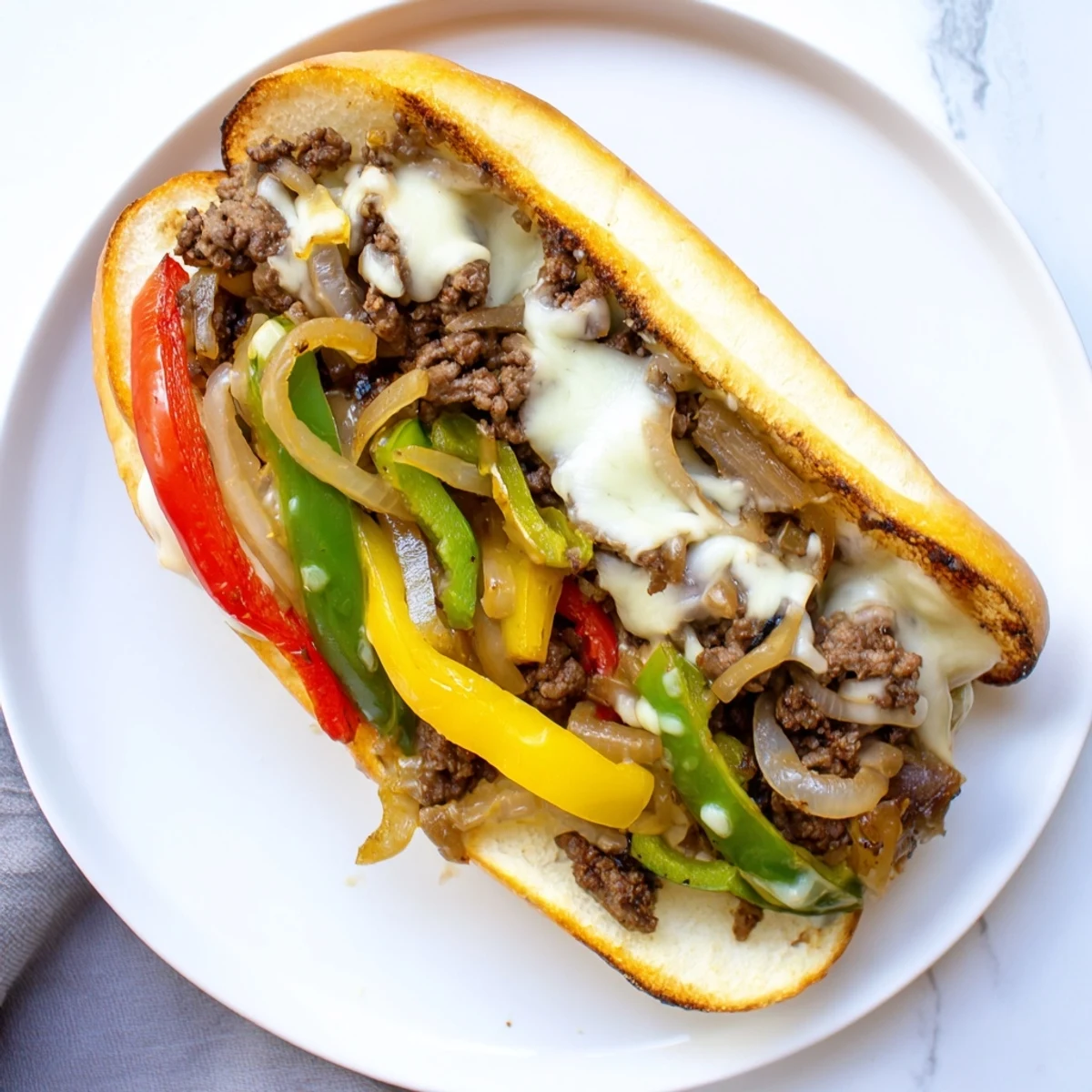 Savory ground beef Philly cheesesteaks piled high with sautéed peppers and onions