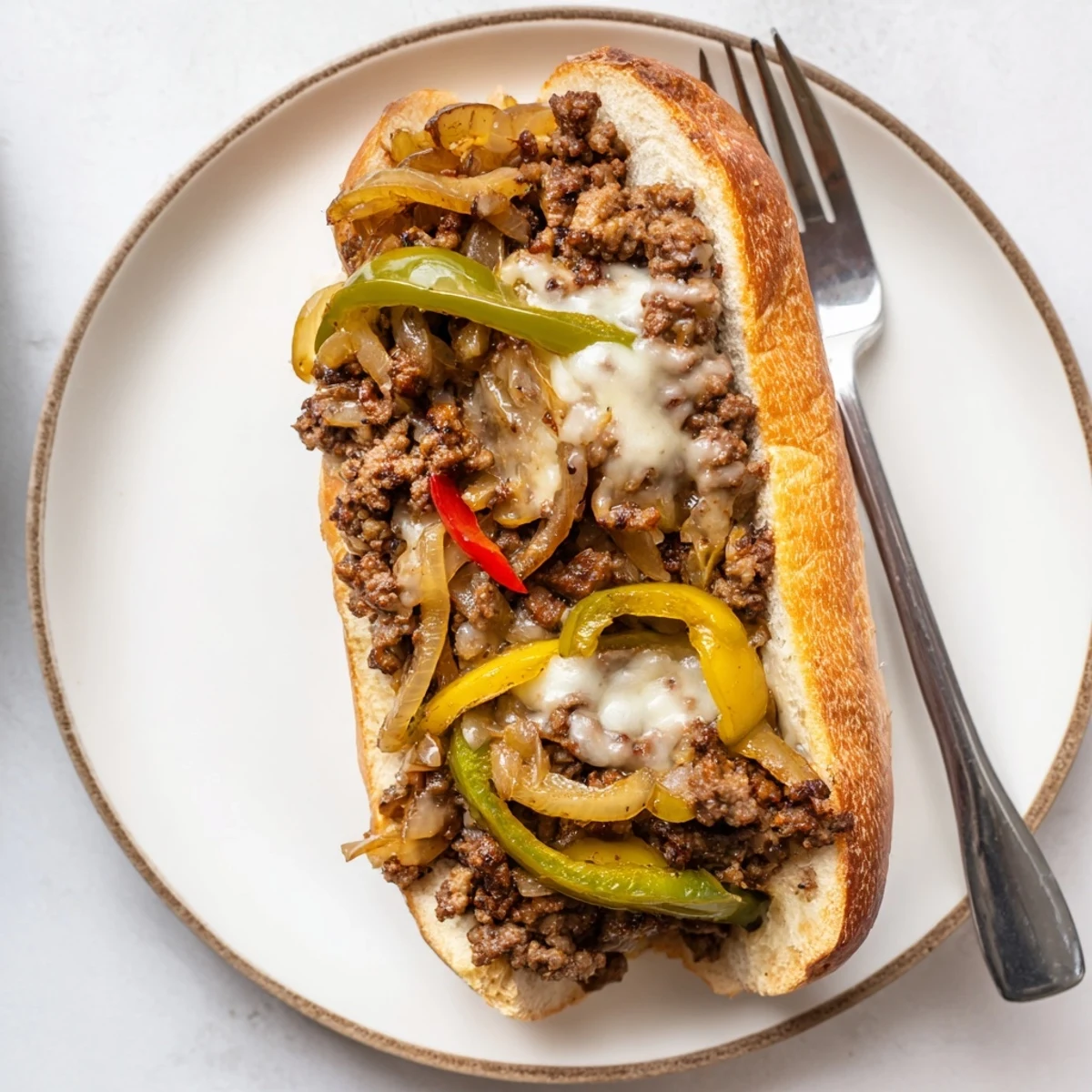 Delicious ground beef Philly cheesesteaks sandwich with gooey cheese and caramelized vegetables