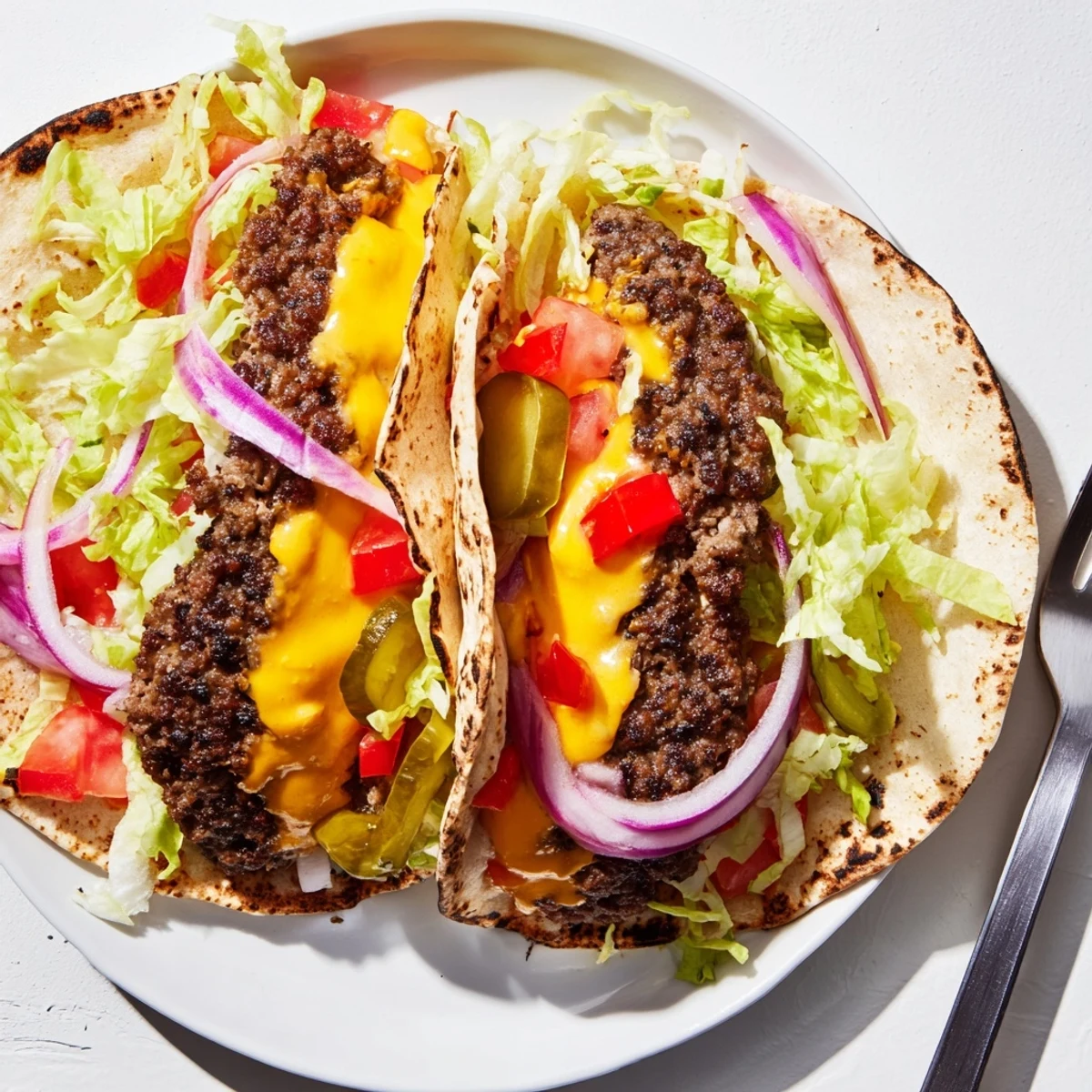 Golden crispy smash burger tacos nestled in warm flour tortillas with melted American cheese and crisp shredded lettuce