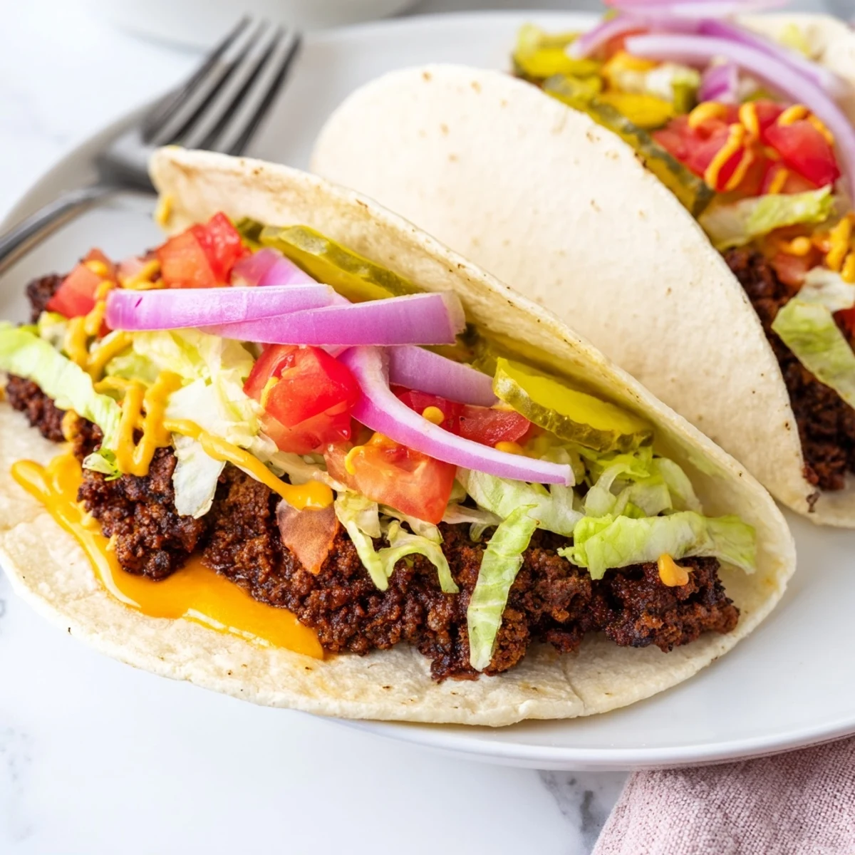 Juicy beef smash burger tacos topped with fresh diced tomatoes, red onion slices, and tangy burger sauce drizzle
