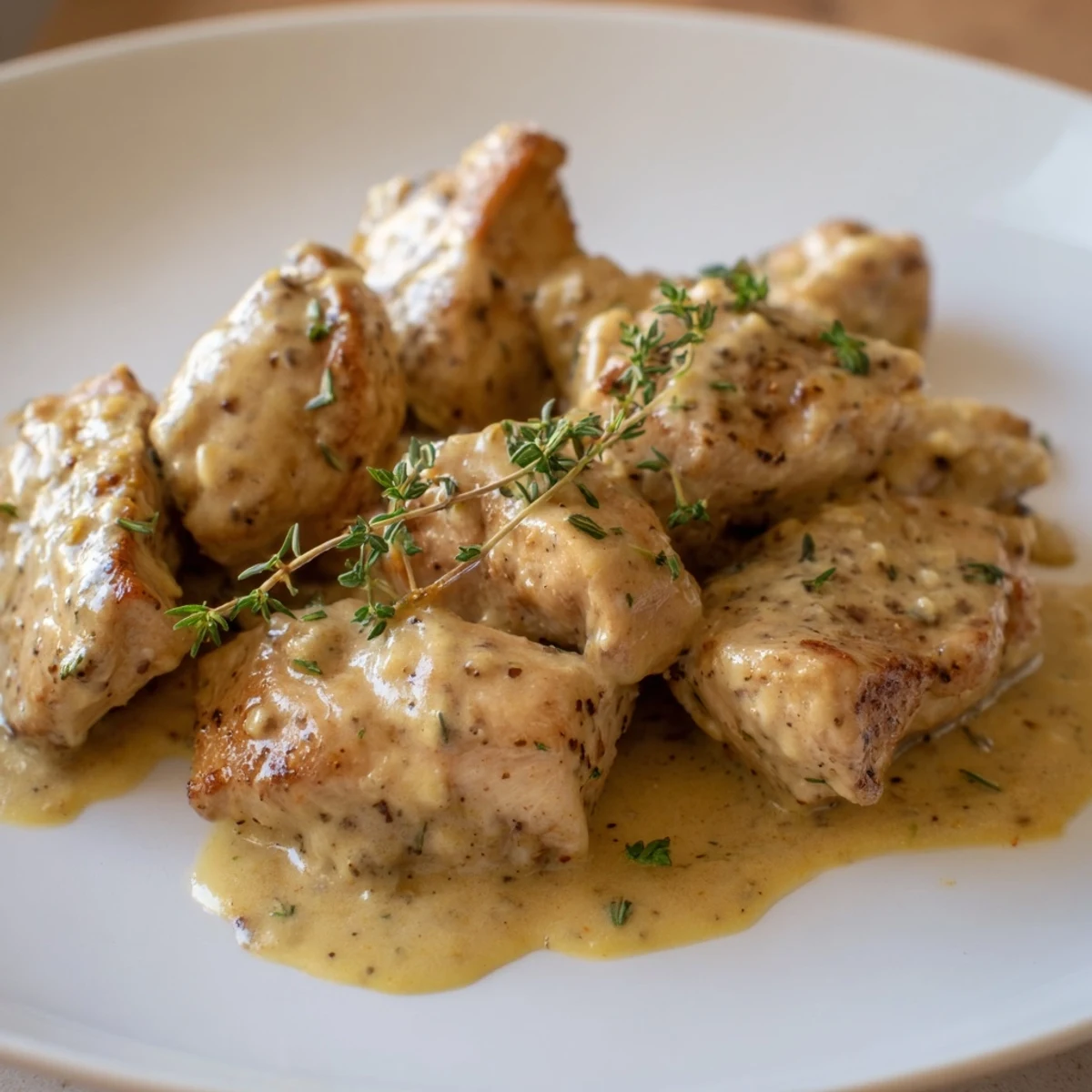 Golden seared chicken breasts swimming in a creamy Dijon mustard sauce with fresh parsley