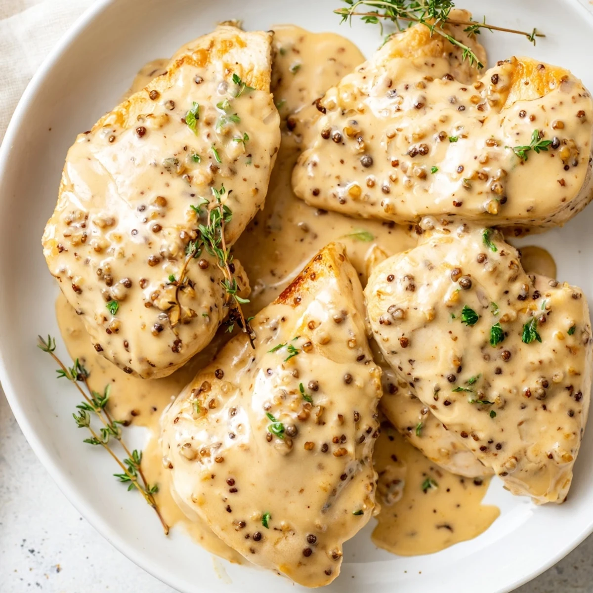 Creamy chicken skillet with whole grain mustard sauce served over white porcelain dish
