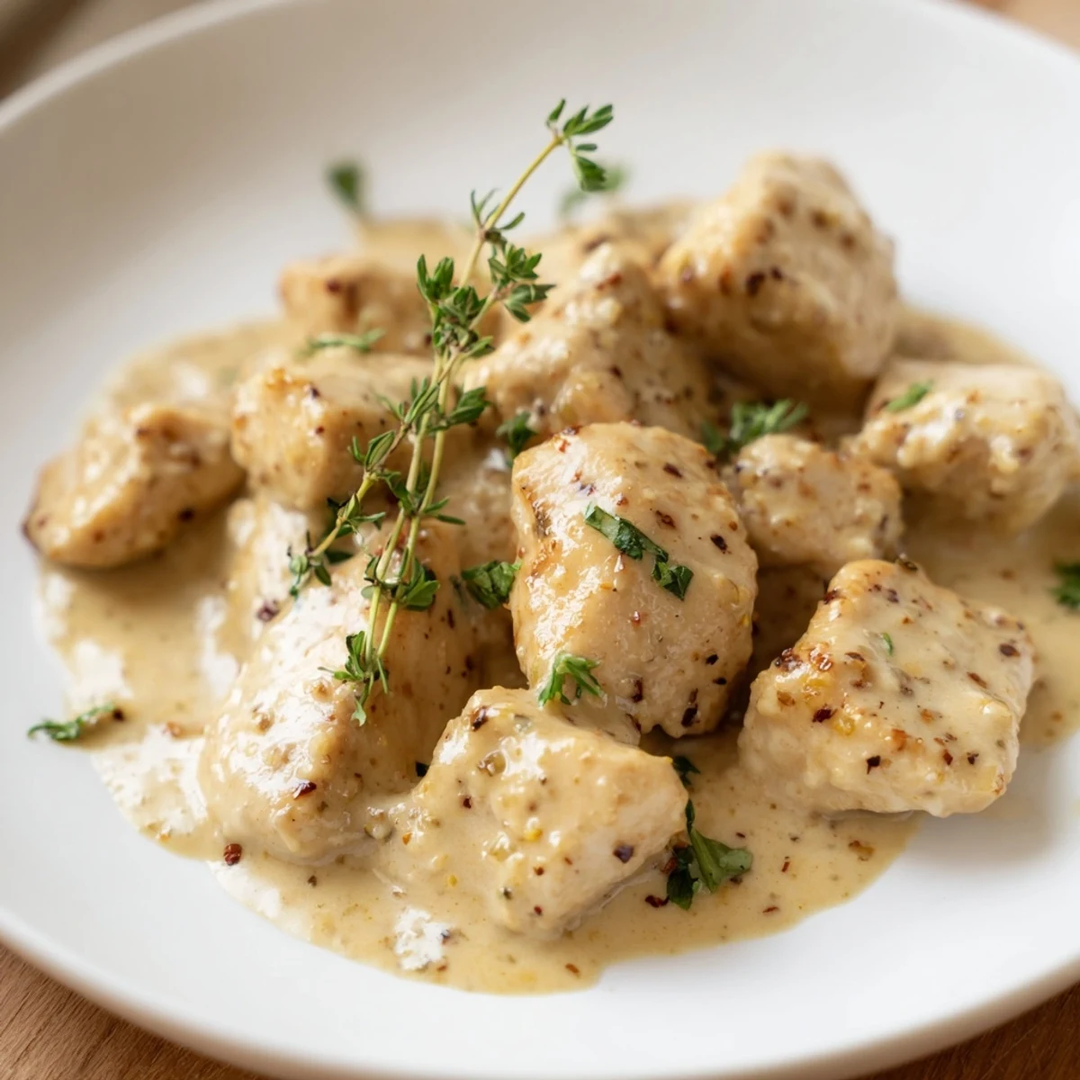 Tender French mustard chicken plated with luscious sauce and garnished with green herbs