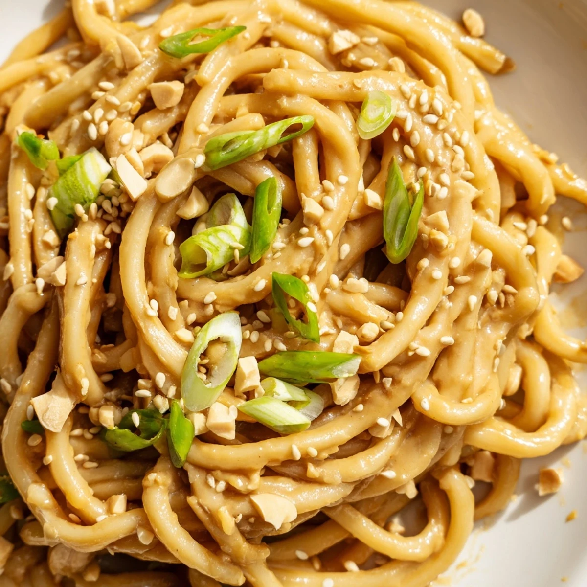 Twirled noodles dripping with rich peanut butter sauce garnished with sesame seeds and cilantro