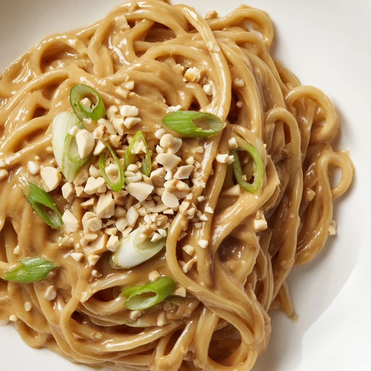 Bowl of sticky peanut butter noodles coated in creamy sauce with chopped peanuts and fresh green onions