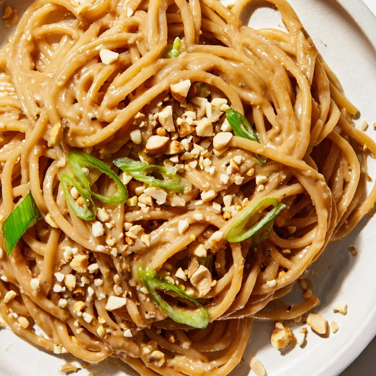 Asian-style peanut butter noodles served in a bowl with roasted peanut topping and lime wedge