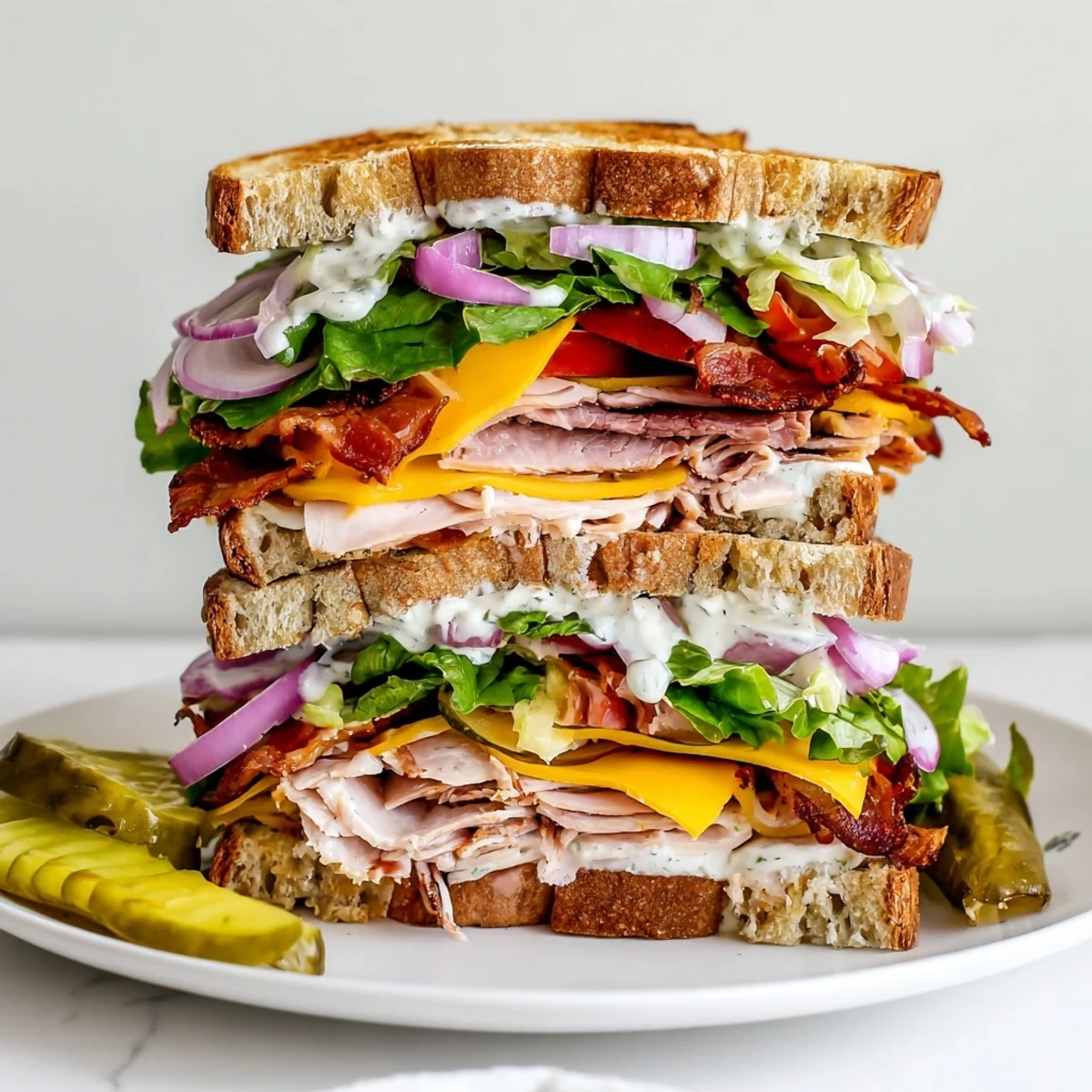 Hearty ultimate turkey beef bacon ranch sandwich featuring layers of meat, bacon, lettuce, tomato, and creamy dressing
