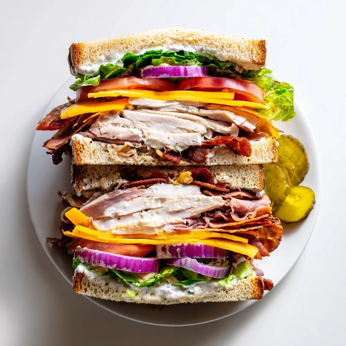 Homemade ultimate turkey beef bacon ranch sandwich sliced in half revealing turkey, roast beef, crispy bacon, and cheese layers